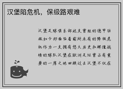 汉堡陷危机，保级路艰难