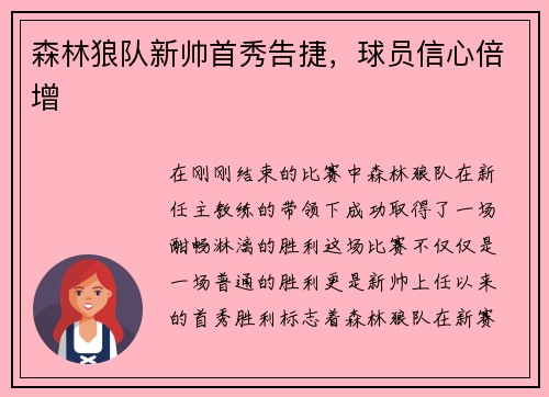 森林狼队新帅首秀告捷，球员信心倍增