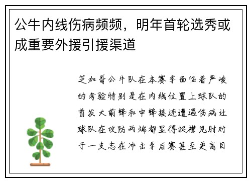 公牛内线伤病频频，明年首轮选秀或成重要外援引援渠道